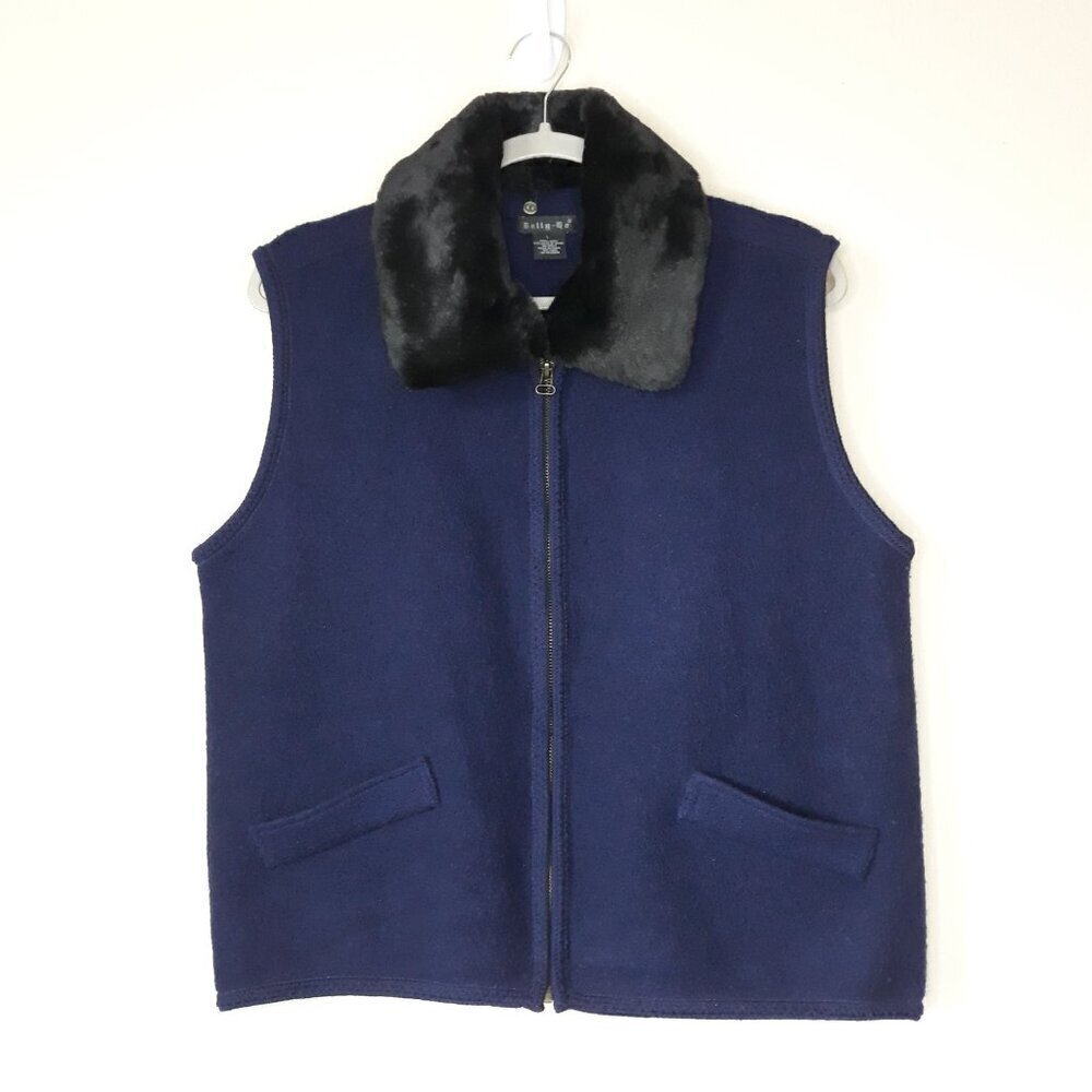 Vtg Faux Fur Detachable Collar Blue Wool Vest Large by Tally-Ho